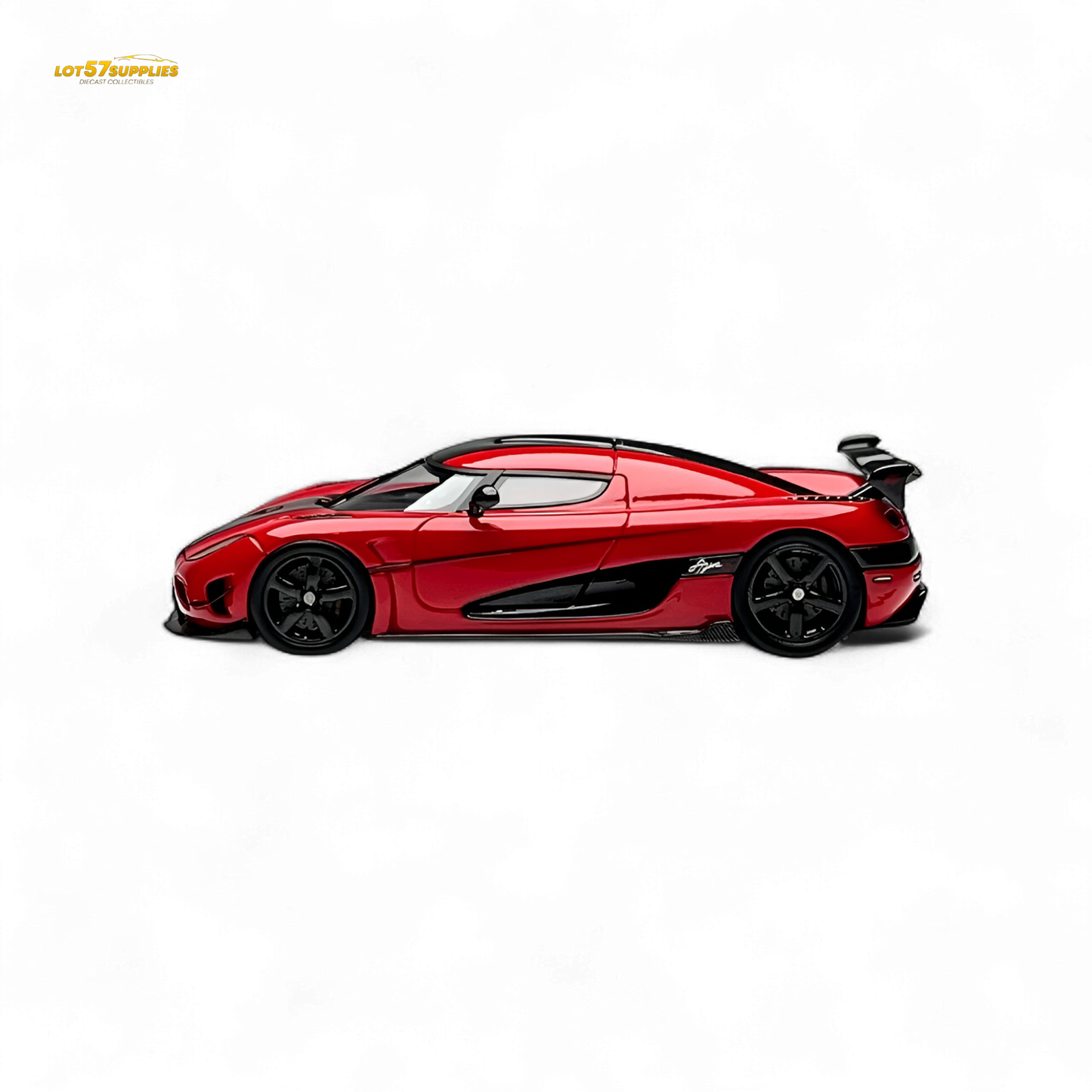 Red Lot57Supplies Diecast Agera RS 1:64 scale model car with detailed exterior, showcasing sleek design and vibrant color.