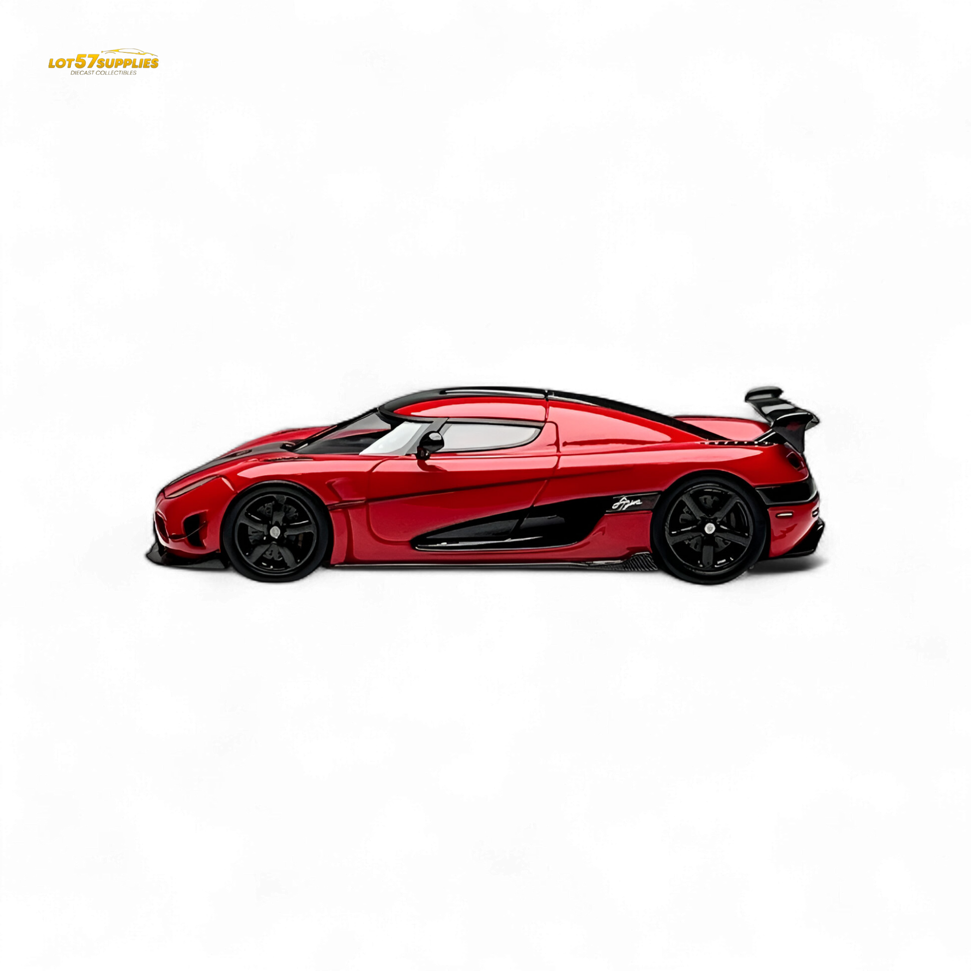 Red Lot57Supplies Diecast Agera RS 1:64 scale model car with detailed exterior, showcasing sleek design and vibrant color.