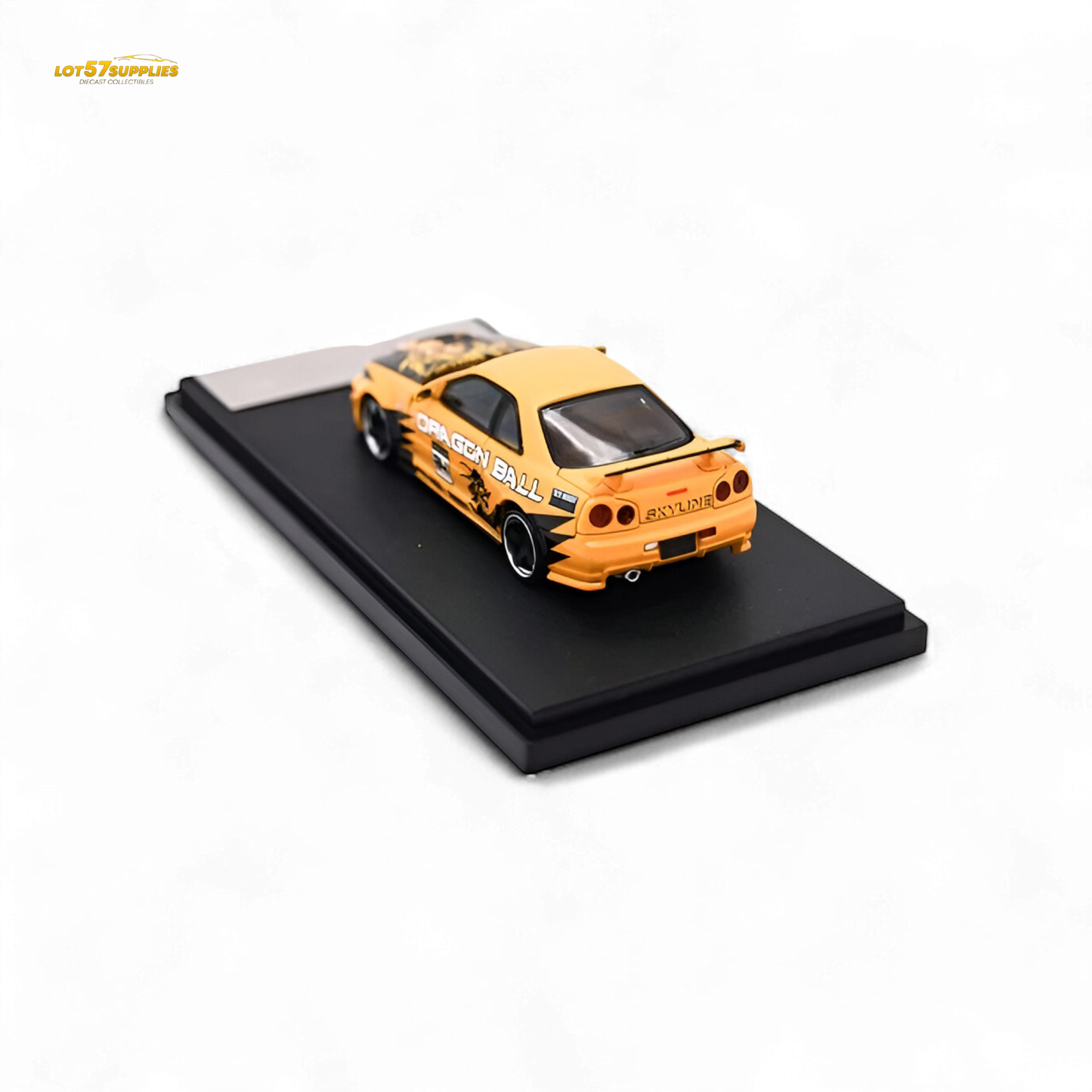 Orange Nissan Skyline R34 GT-R diecast car in 1:64 scale featuring detailed design and vibrant color, by Lot57Supplies Diecast Shop.