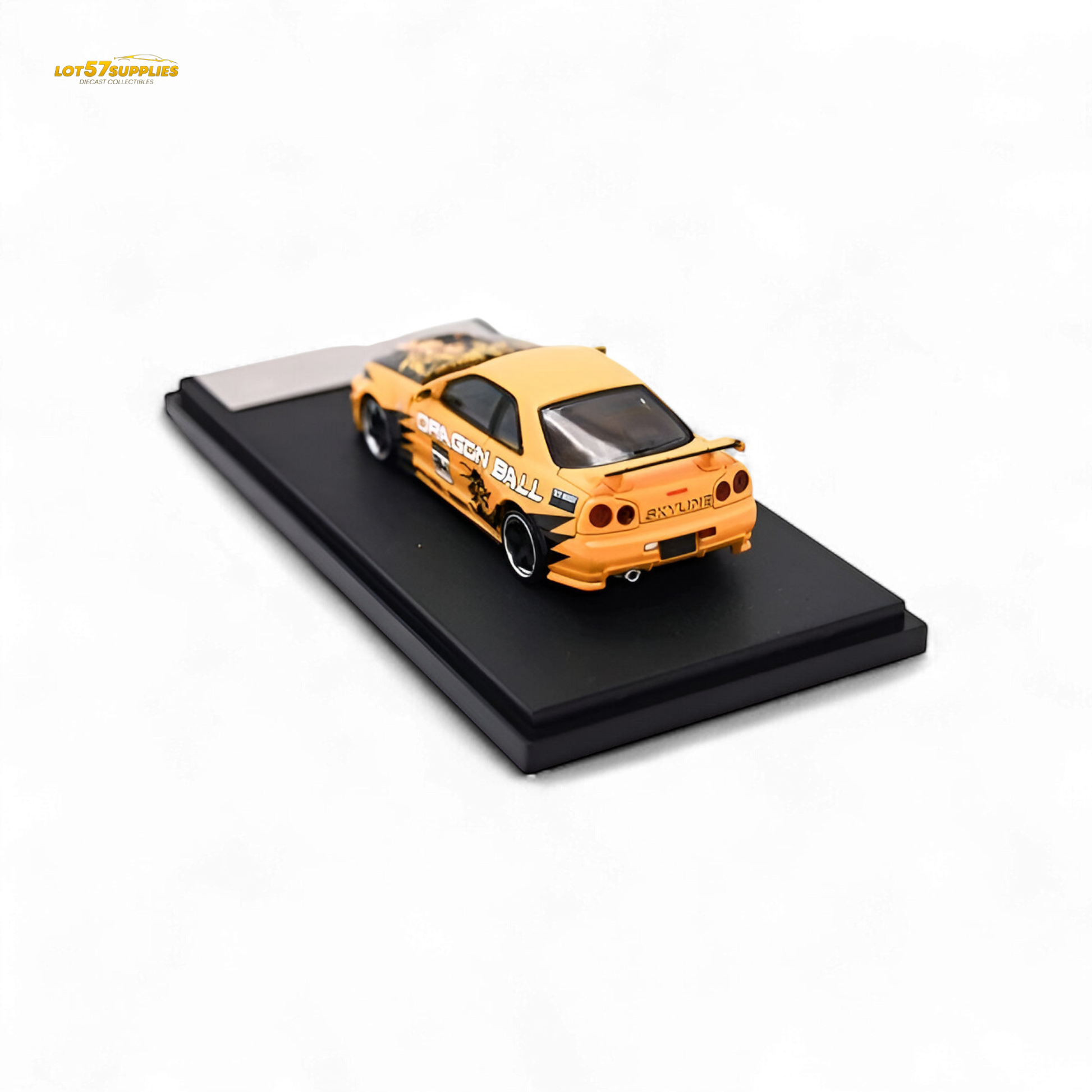 Orange Nissan Skyline R34 GT-R diecast car in 1:64 scale featuring detailed design and vibrant color, by Lot57Supplies Diecast Shop.