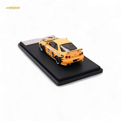 Orange Nissan Skyline R34 GT-R diecast car in 1:64 scale featuring detailed design and vibrant color, by Lot57Supplies Diecast Shop.