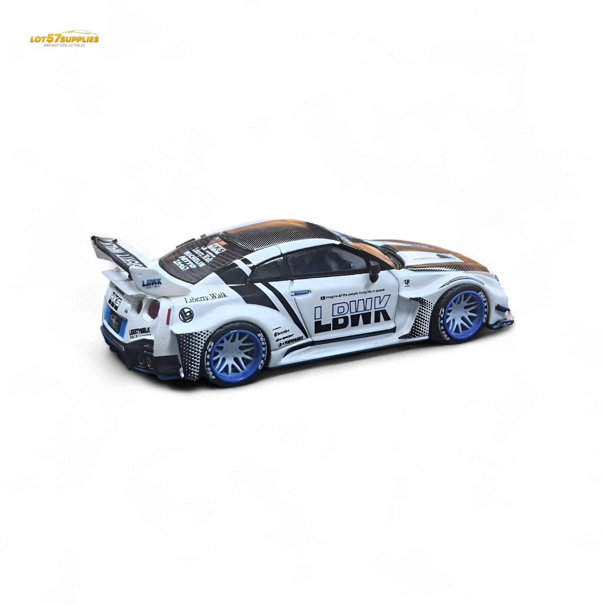 White and blue striped Nissan GTR R35 diecast model with carbon roof, 1:64 scale by Lot57Supplies Diecast Shop.