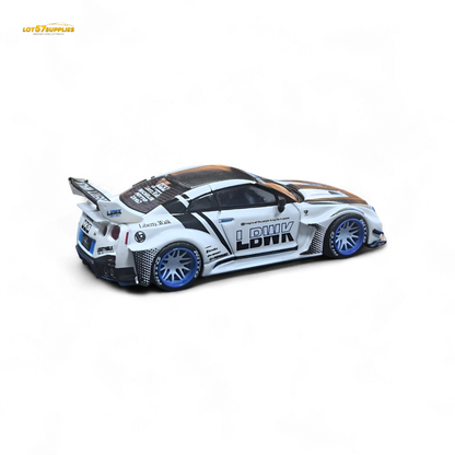 White and blue striped Nissan GTR R35 diecast model with carbon roof, 1:64 scale by Lot57Supplies Diecast Shop.