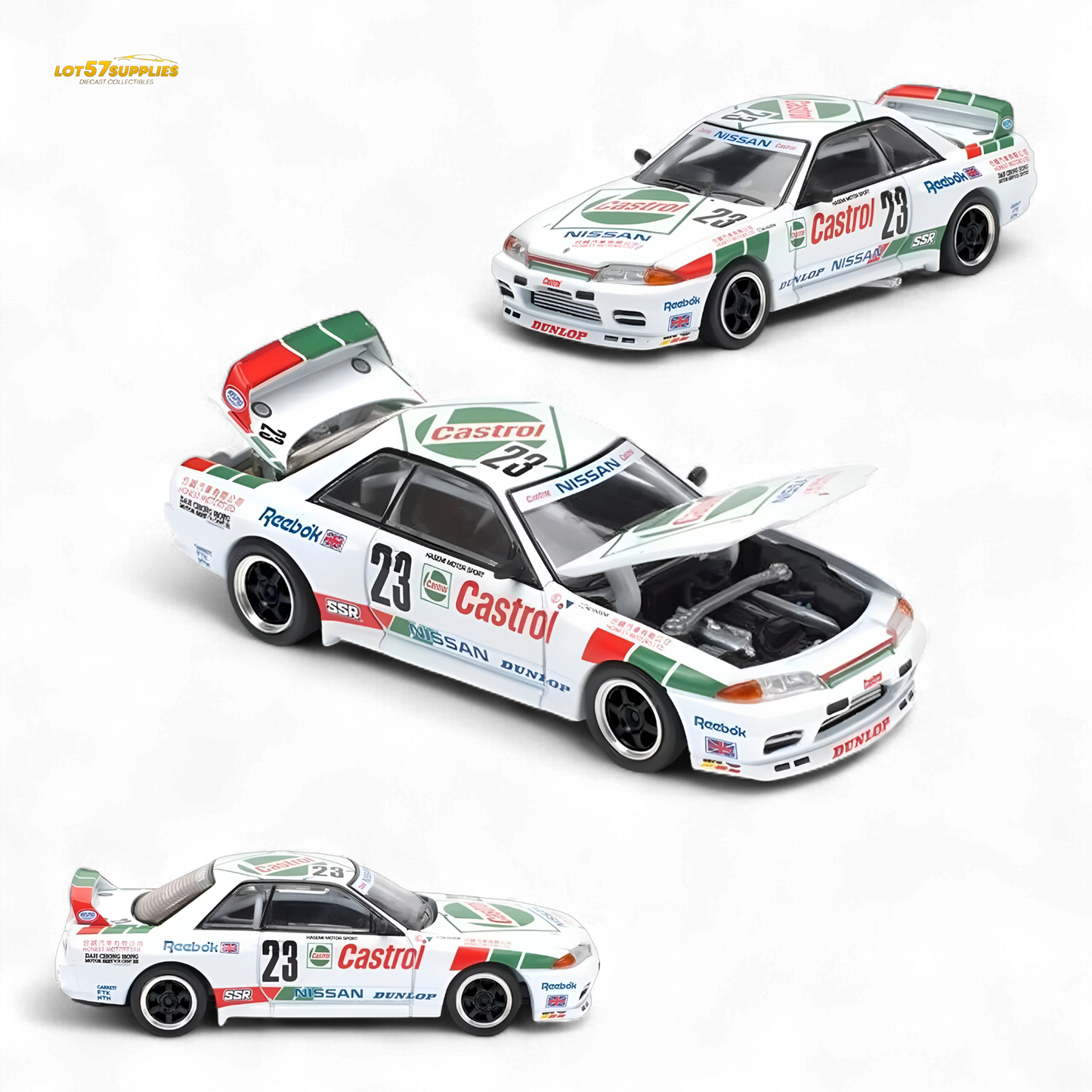 White Nissan Poprace GT-R R32 Macau Guia Race 1990 winner diecast model, 1:64 scale, detailed miniature car.