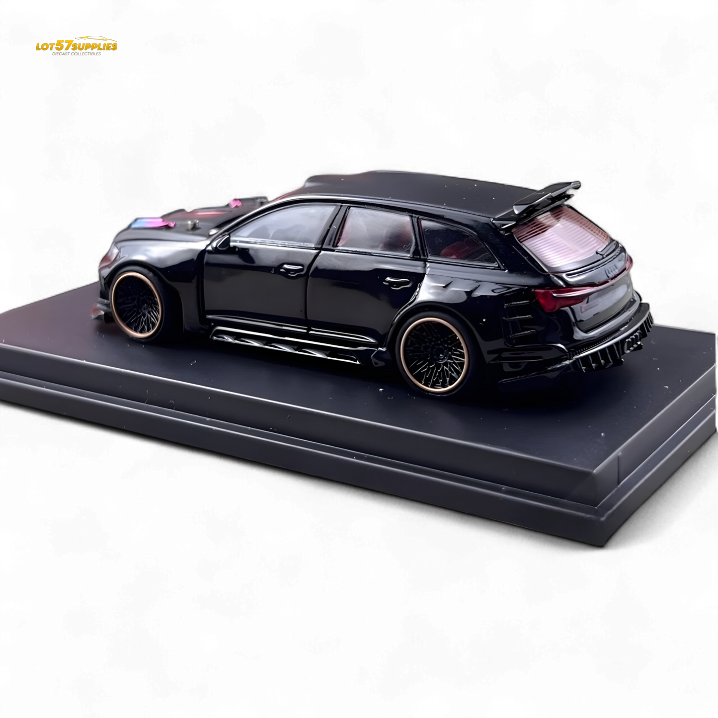 Metallic black 1:64 scale Audi RS6 Wagon diecast model by Lot57Supplies Diecast Shop, detailed miniature car with realistic features.