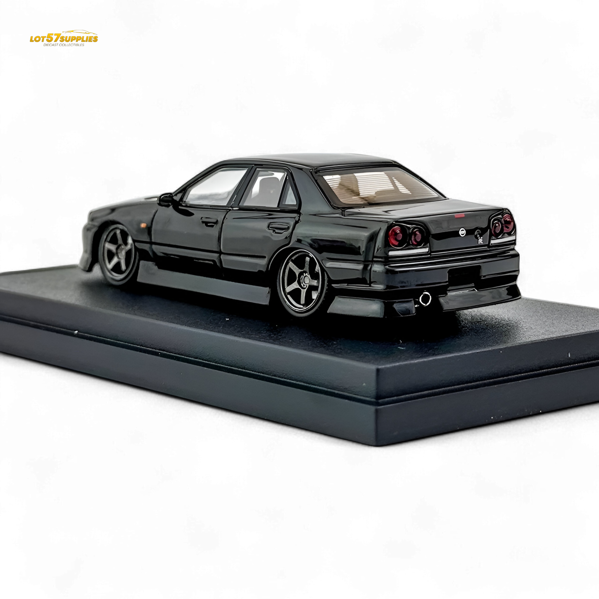 Metallic black Nissan ER34 Skyline Uras diecast model in 1:64 scale, detailed Lot57Supplies Diecast Shop collectible vehicle.