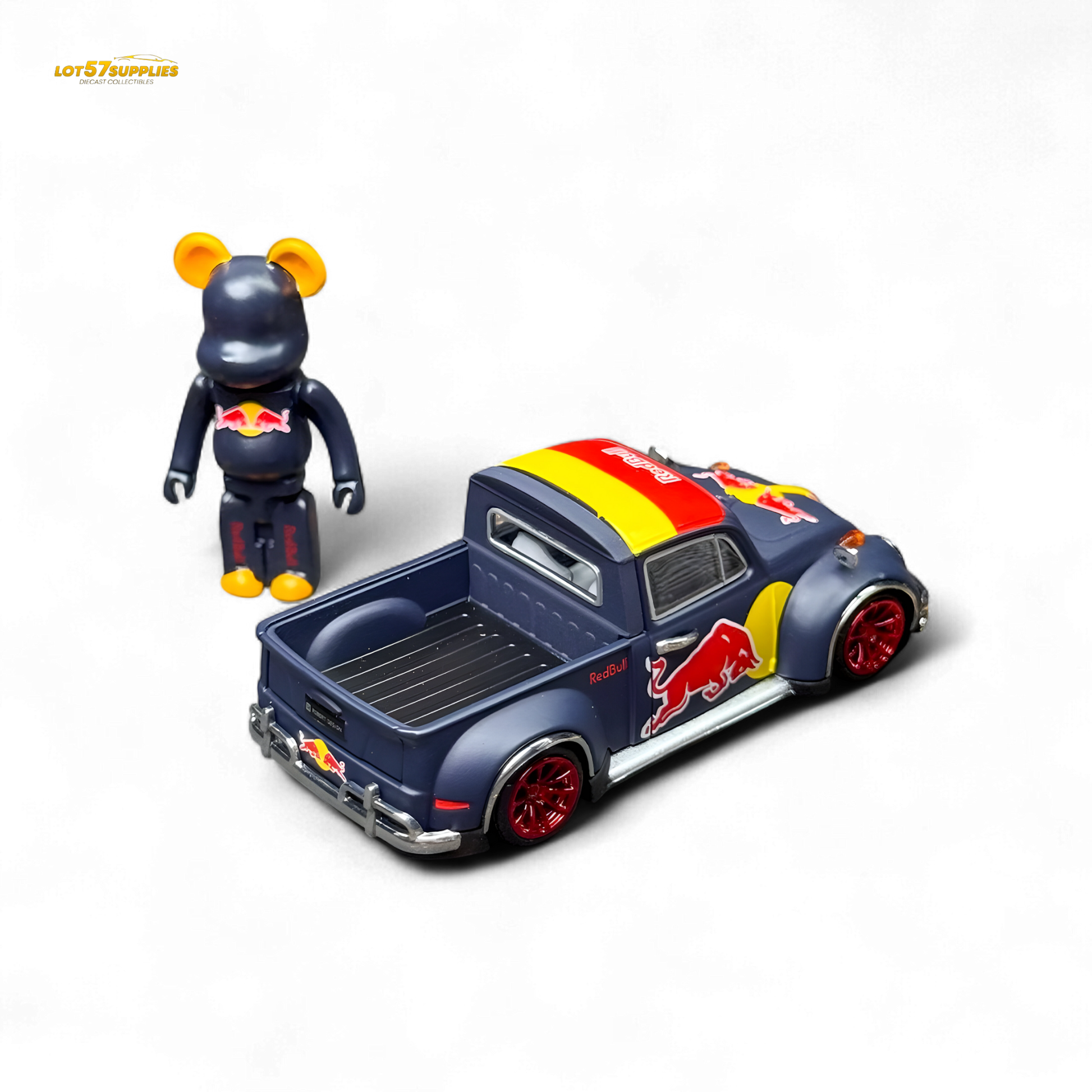 Red Liberty 64 VW Beetle Pickup diecast model by Lot57Supplies, featuring a red Bull design in 1:64 scale.