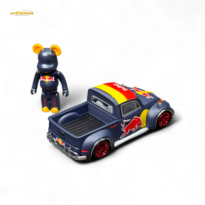 Red Liberty 64 VW Beetle Pickup diecast model by Lot57Supplies, featuring a red Bull design in 1:64 scale.