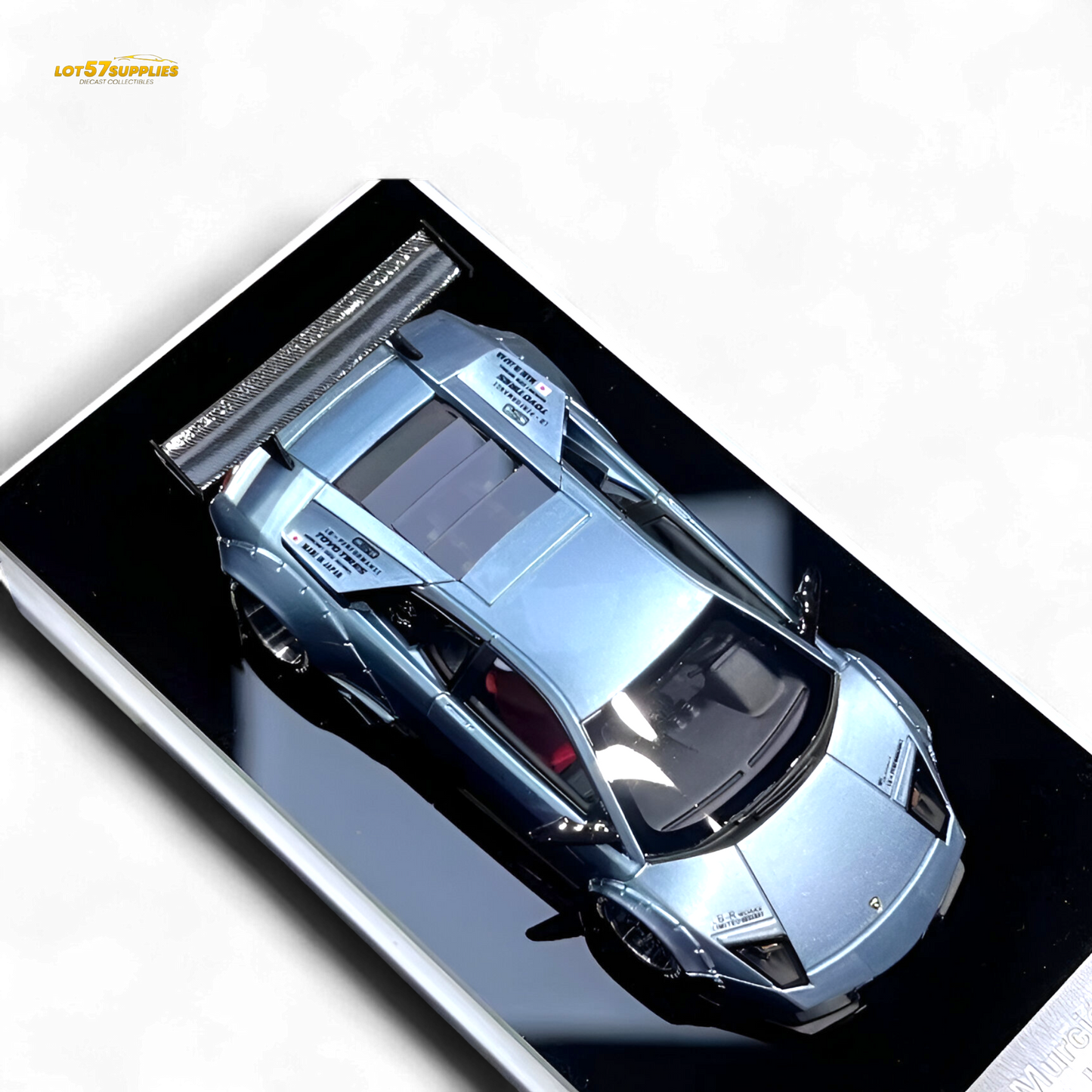 Ice blue Lamborghini Murcielago LBWK diecast car model, 1:64 scale, from Lot57Supplies Diecast Shop, detailed miniature vehicle.