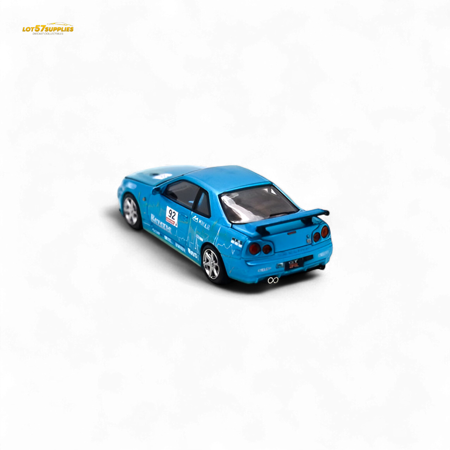 Blue Nissan Skyline R34 diecast model car in 1:64 scale, detailed replica from Lot57Supplies Diecast Shop