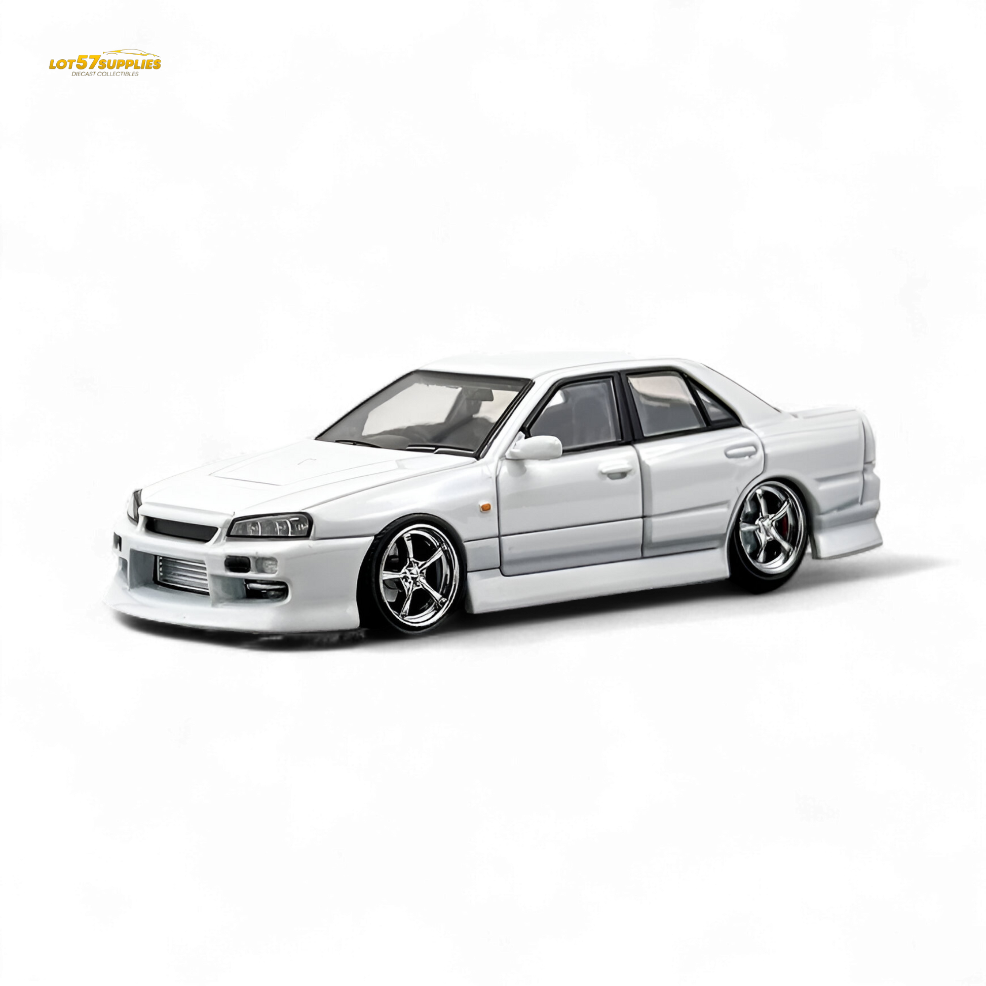 Pearl white Nissan ER34 Skyline Uras diecast model car in 1:64 scale, detailed miniature from Lot57Supplies Diecast Shop.