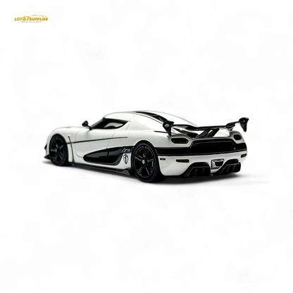 A 1:64 scale Lot57Supplies Diecast Shop Guo Ji Agera RS Panda diecast car model in black and white panda livery.