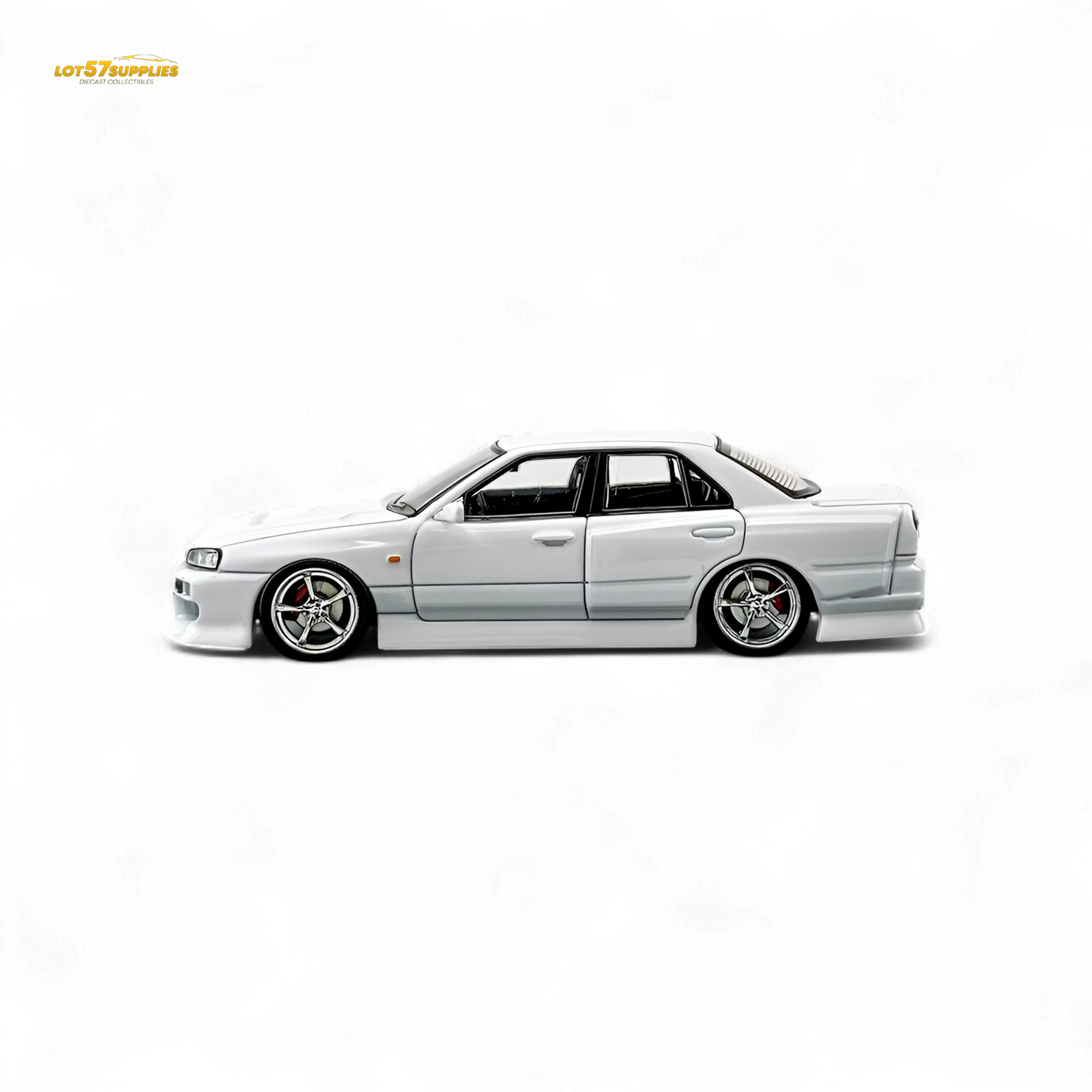 White 1:64 scale Nissan ER34 Skyline diecast model by Lot57Supplies Diecast Shop, detailed Uras edition in pearl white.