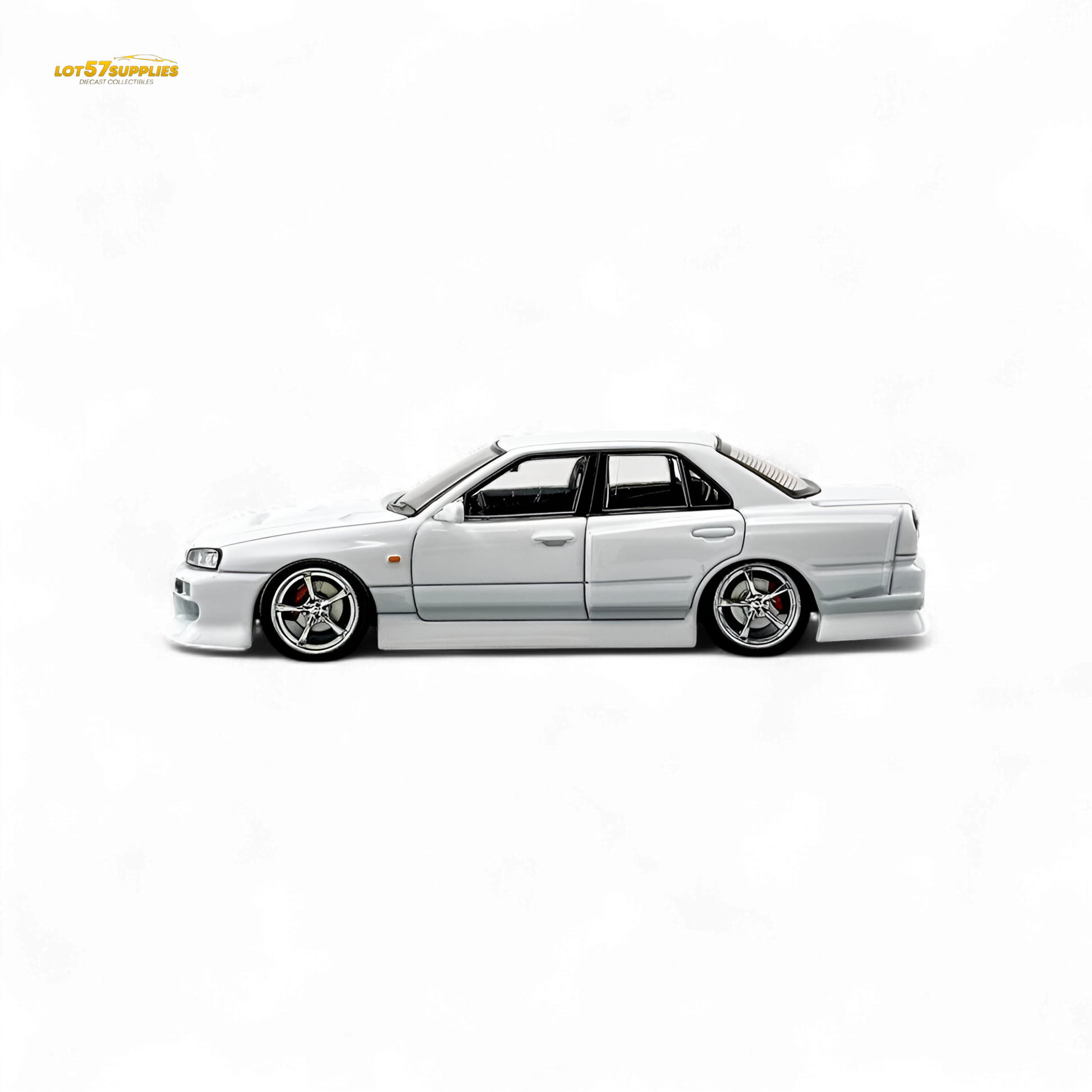 White 1:64 scale Nissan ER34 Skyline diecast model by Lot57Supplies Diecast Shop, detailed Uras edition in pearl white.