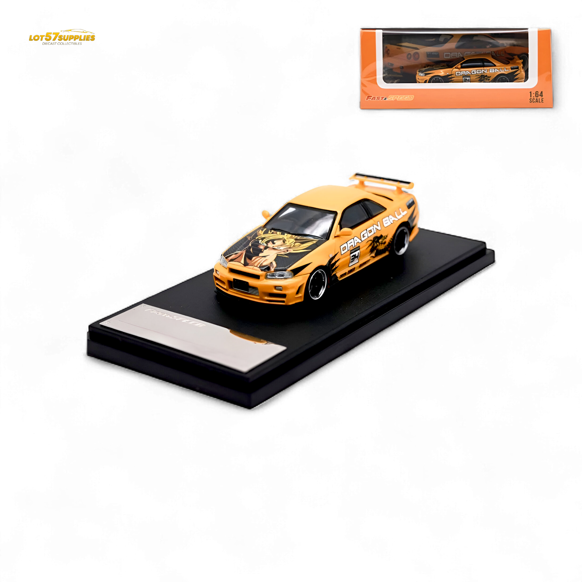 Orange Nissan Skyline R34 GT-R diecast car in 1:64 scale, featuring a detailed Dragon Z design from Lot57Supplies Diecast Shop.