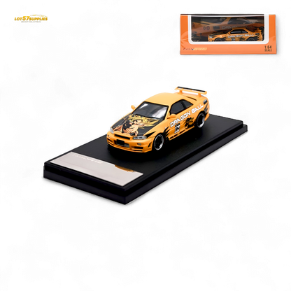 Orange Nissan Skyline R34 GT-R diecast car in 1:64 scale, featuring a detailed Dragon Z design from Lot57Supplies Diecast Shop.