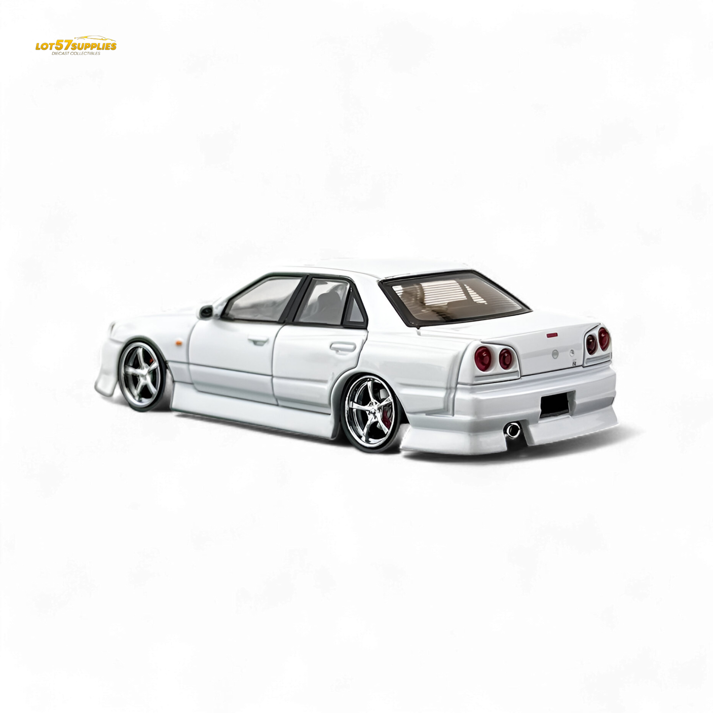 Pearl white Nissan ER34 Skyline diecast model by Lot57Supplies, 1:64 scale, detailed miniature car for collection.