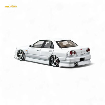 Pearl white Nissan ER34 Skyline diecast model by Lot57Supplies, 1:64 scale, detailed miniature car for collection.