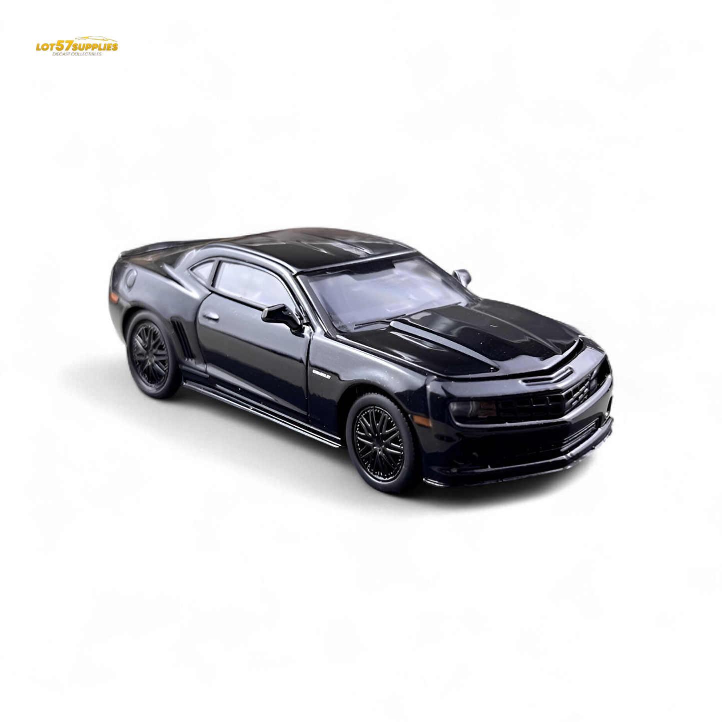 Chevrolet Camaro Bumblebee diecast model by Lot57Supplies, 1:64 scale, detailed yellow and black Chevrolet car on display.