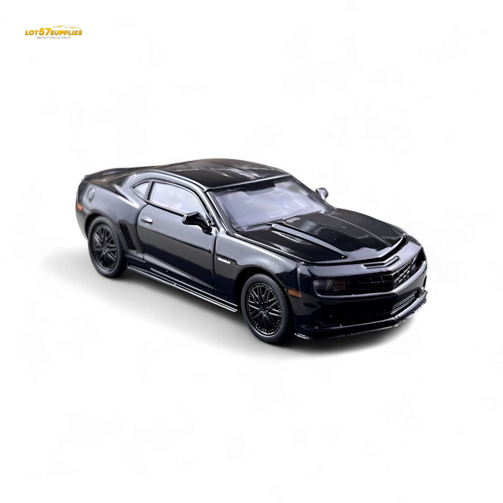 Chevrolet Camaro Bumblebee diecast model by Lot57Supplies, 1:64 scale, detailed yellow and black Chevrolet car on display.
