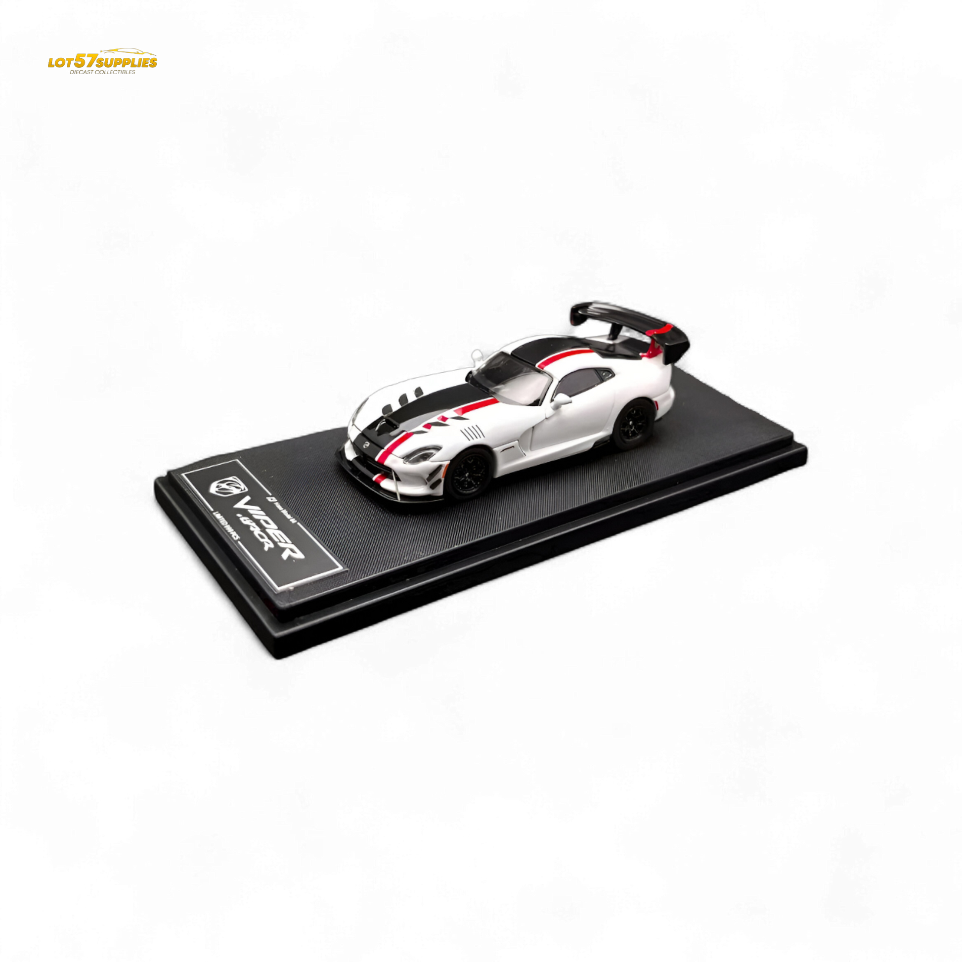 White Dodge Viper ACR diecast model by Lot57Supplies, detailed 1:64 scale car with distinctive design and racing accents.