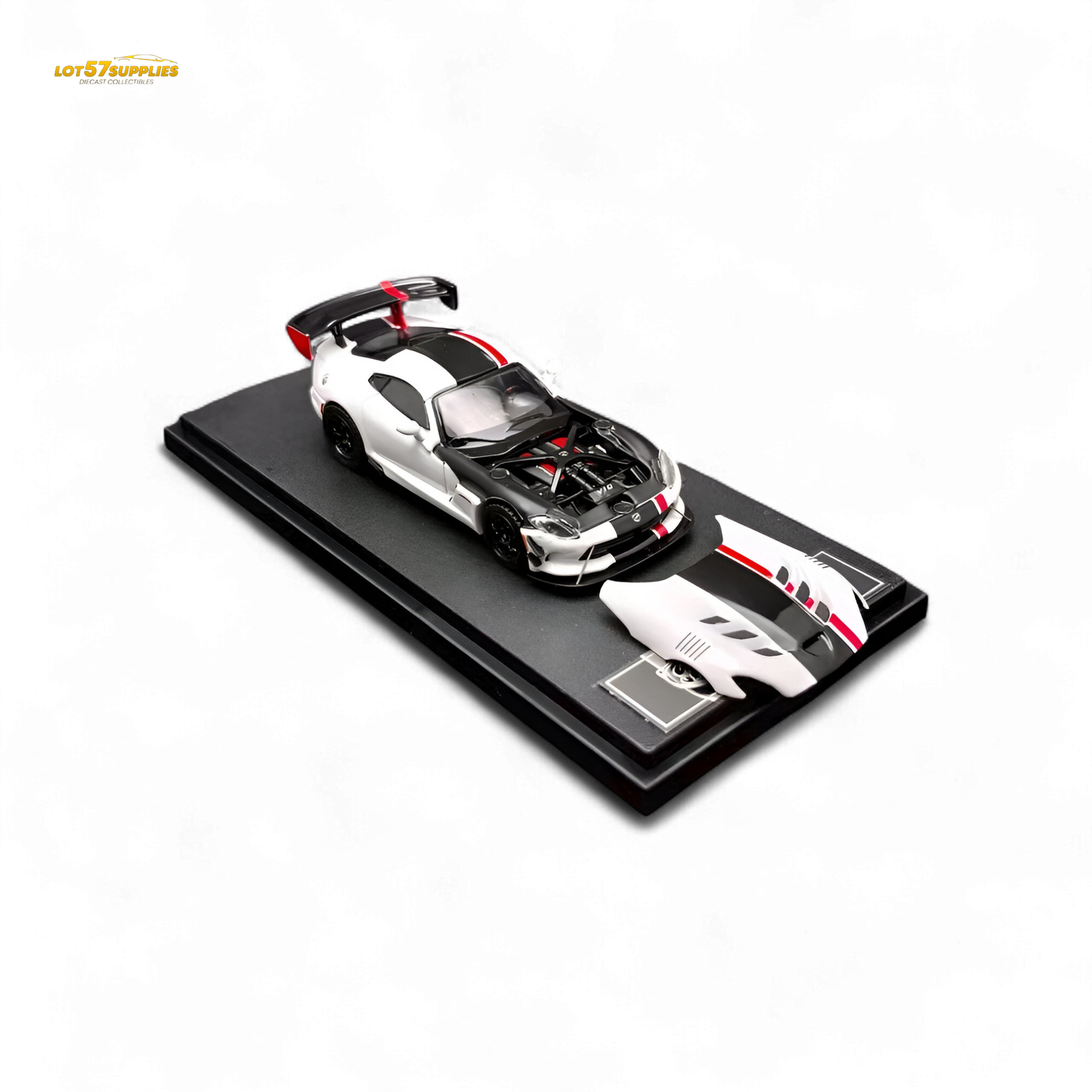 White Dodge Viper ACR diecast model by Lot57Supplies, detailed 1:64 scale car with sleek design and racing accents.