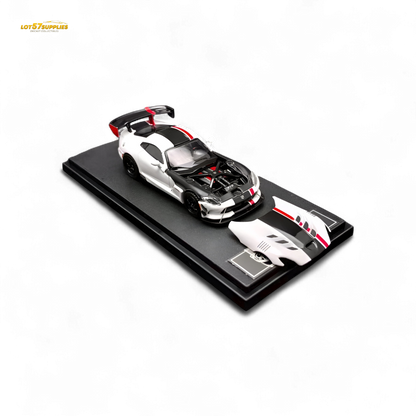 White Dodge Viper ACR diecast model by Lot57Supplies, detailed 1:64 scale car with sleek design and racing accents.