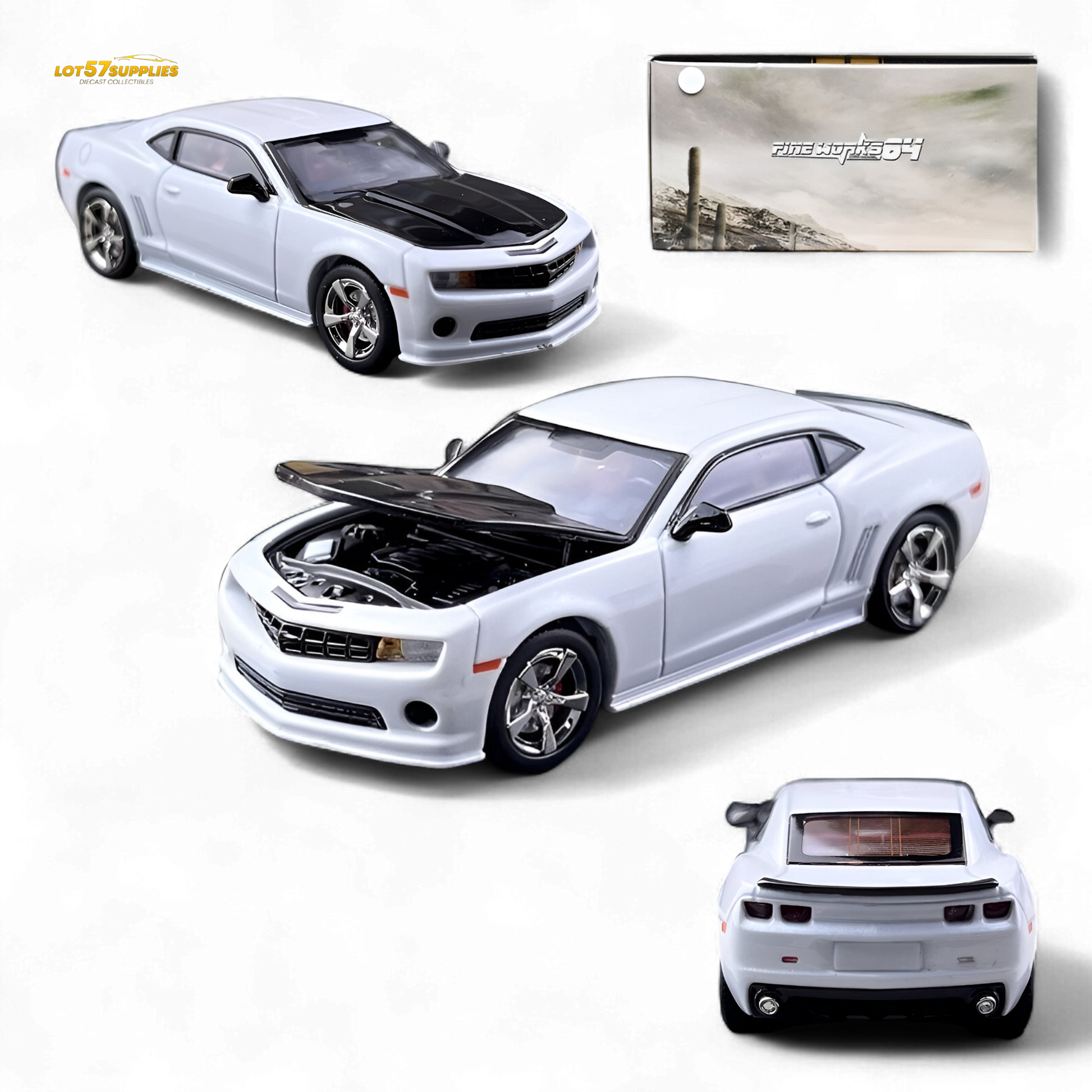 Pearl white Chevrolet Camaro Bumblebee diecast model in 1:64 scale by Lot57Supplies Diecast Shop, detailed exterior and design.