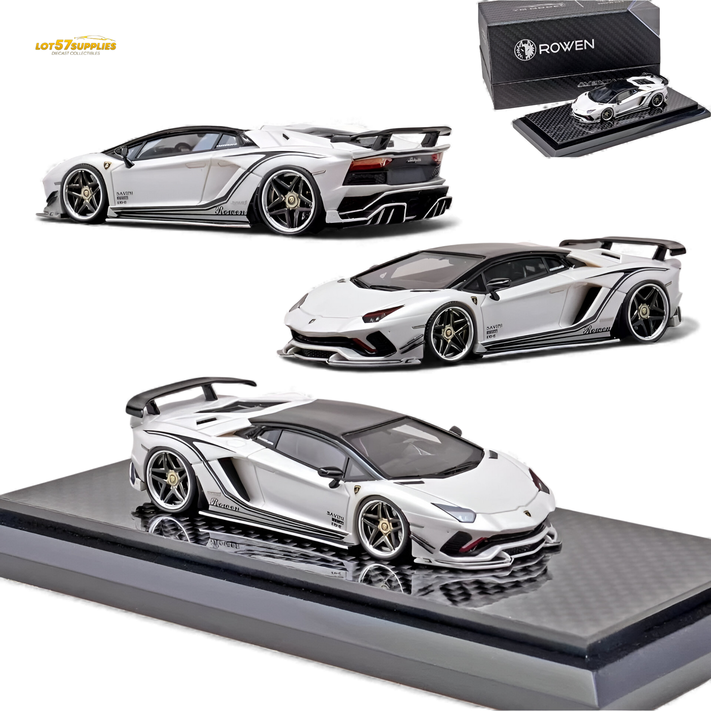 White YM Model Lamborghini Aventador S Rowen diecast car, 1:64 scale, detailed miniature model with sleek design.