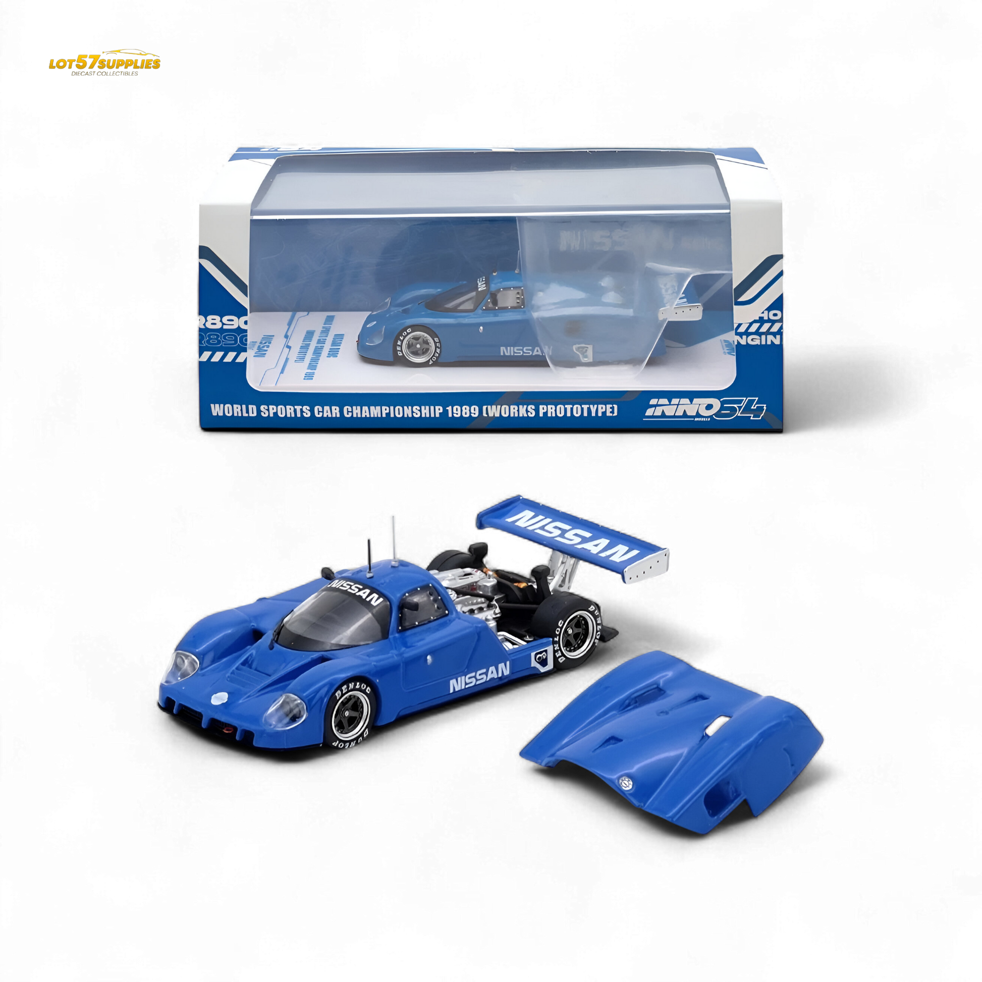 Blue Nissan R89C diecast model from Inno64, 1:64 scale, with detailed racing decals and aerodynamic design.