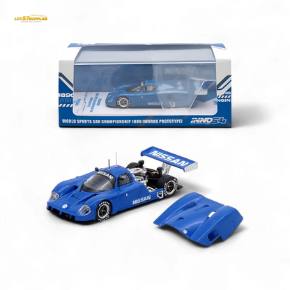 Blue Nissan R89C diecast model from Inno64, 1:64 scale, with detailed racing decals and aerodynamic design.