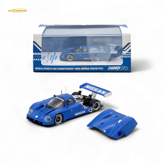 Blue Nissan R89C diecast model from Inno64, 1:64 scale, with detailed racing decals and aerodynamic design.
