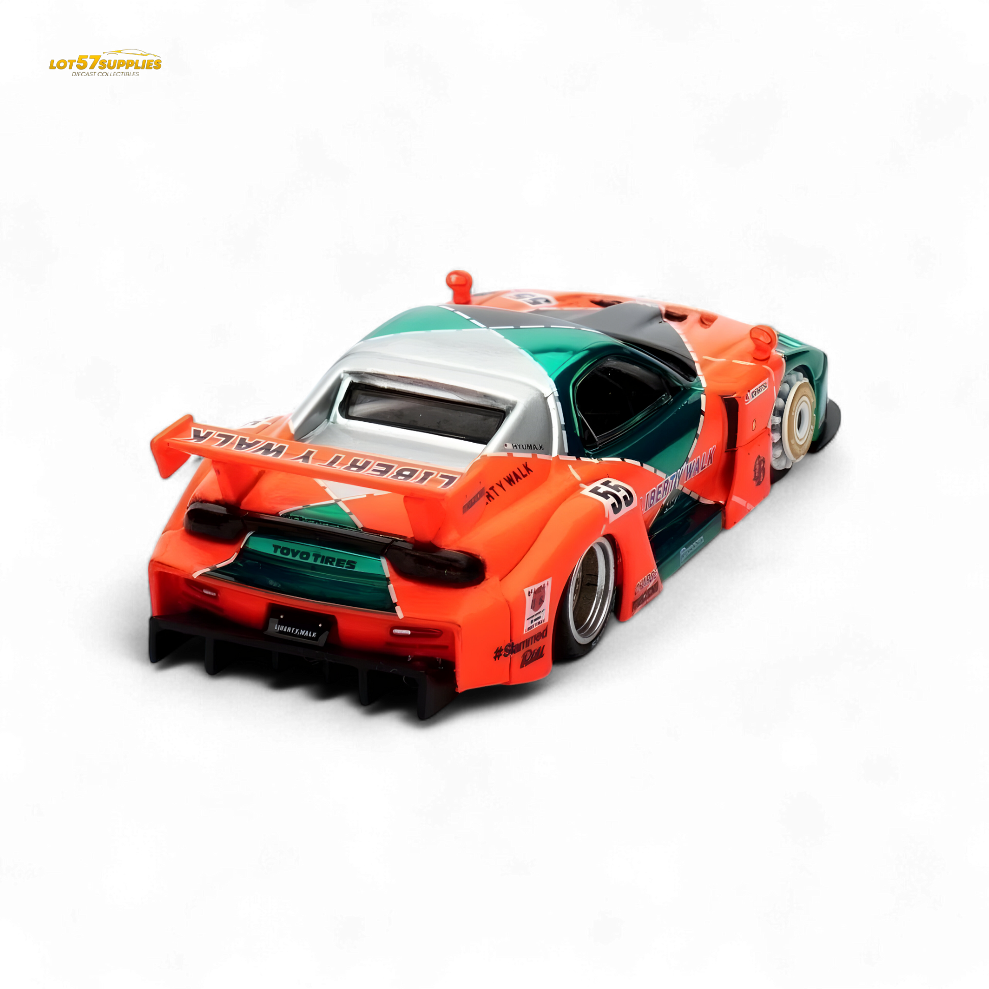 Diecast Mazda RX-7 LBWK FD3S model in orange and green by Lot57Supplies, 1:64 scale, detailed plastic car with vibrant colors.