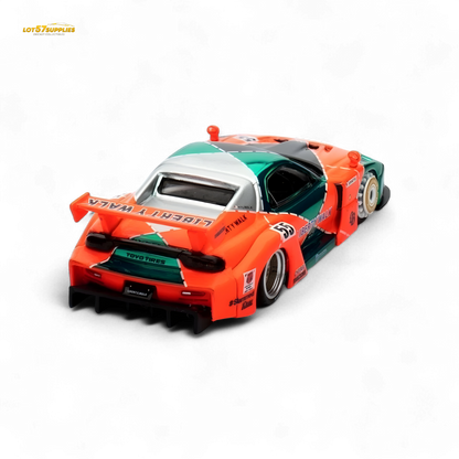 Diecast Mazda RX-7 LBWK FD3S model in orange and green by Lot57Supplies, 1:64 scale, detailed plastic car with vibrant colors.