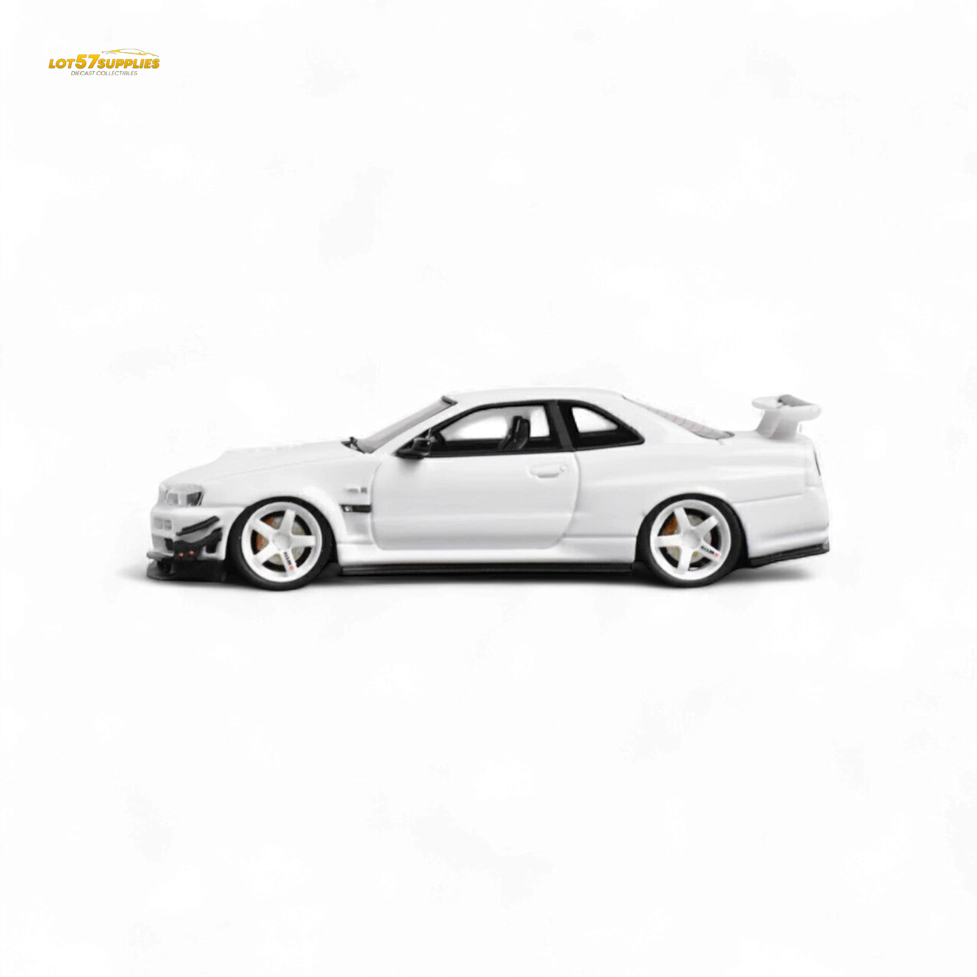 White Nissan Skyline GT-R R34 diecast model in 1:64 scale, customized, from Lot57Supplies Diecast Shop.