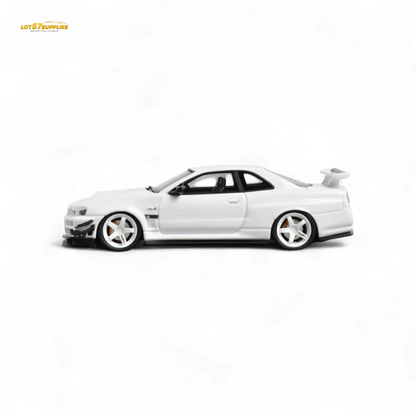 White Nissan Skyline GT-R R34 diecast model in 1:64 scale, customized, from Lot57Supplies Diecast Shop.