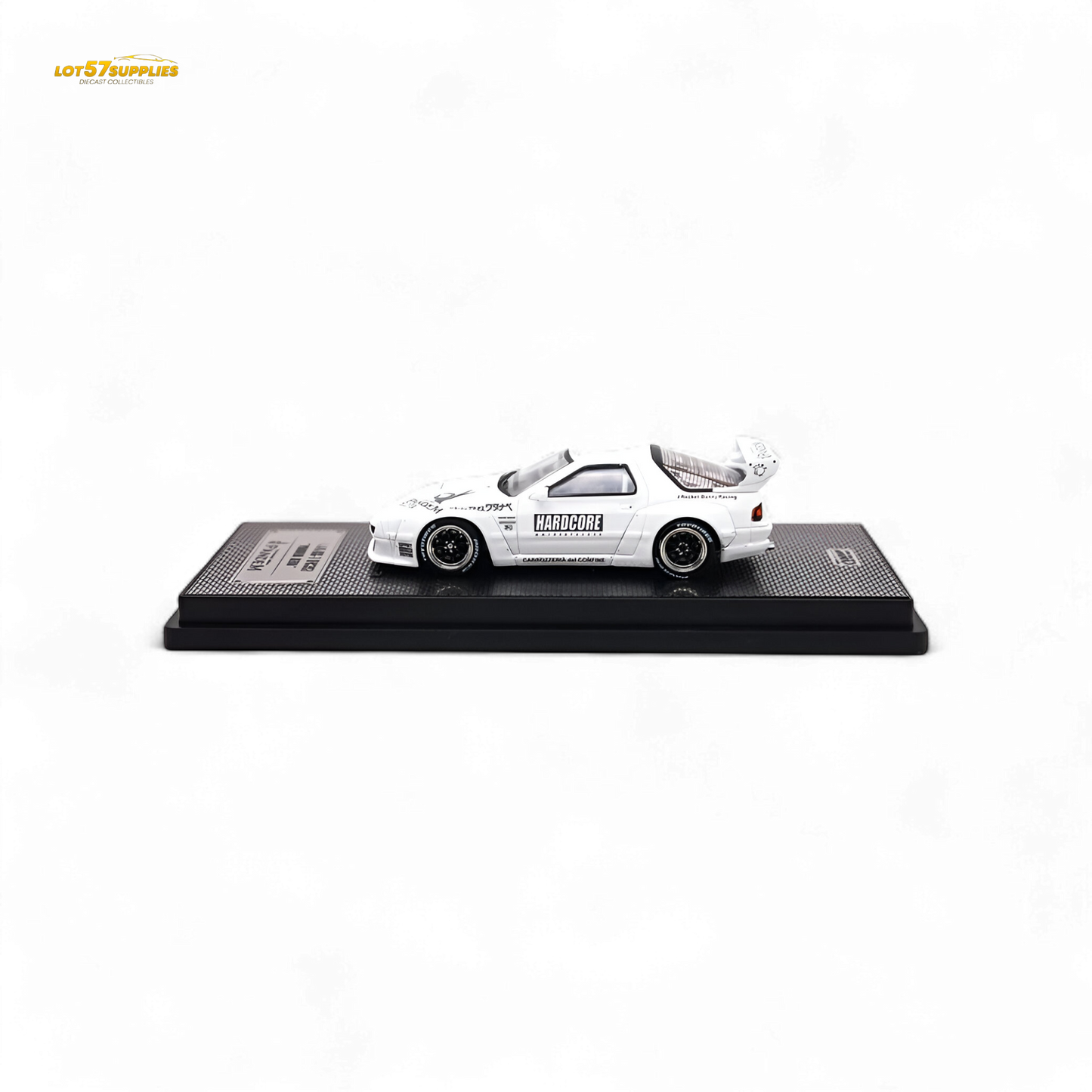 White Inno64 Mazda RX-7 FC3S Pandem Aero diecast model car in 1:64 scale, featuring detailed Mazda design and aerodynamic enhancements.