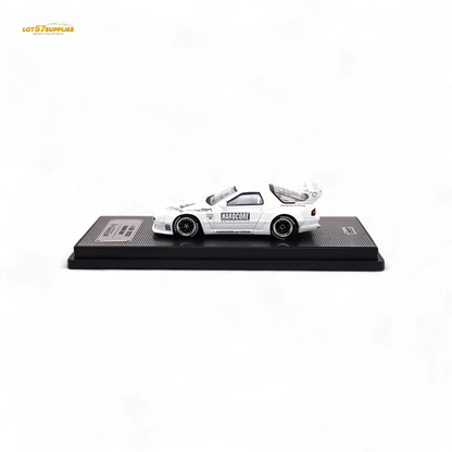 White Inno64 Mazda RX-7 FC3S Pandem Aero diecast model car in 1:64 scale, featuring detailed Mazda design and aerodynamic enhancements.