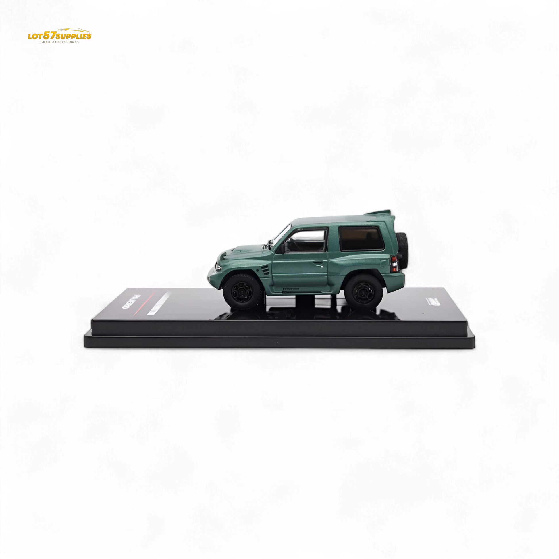 Satin green Inno64 Mitsubishi Pajero Evolution diecast model car, 1:64 scale, detailed miniature from Lot57Supplies Diecast Shop