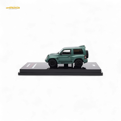 Satin green Inno64 Mitsubishi Pajero Evolution diecast model car, 1:64 scale, detailed miniature from Lot57Supplies Diecast Shop