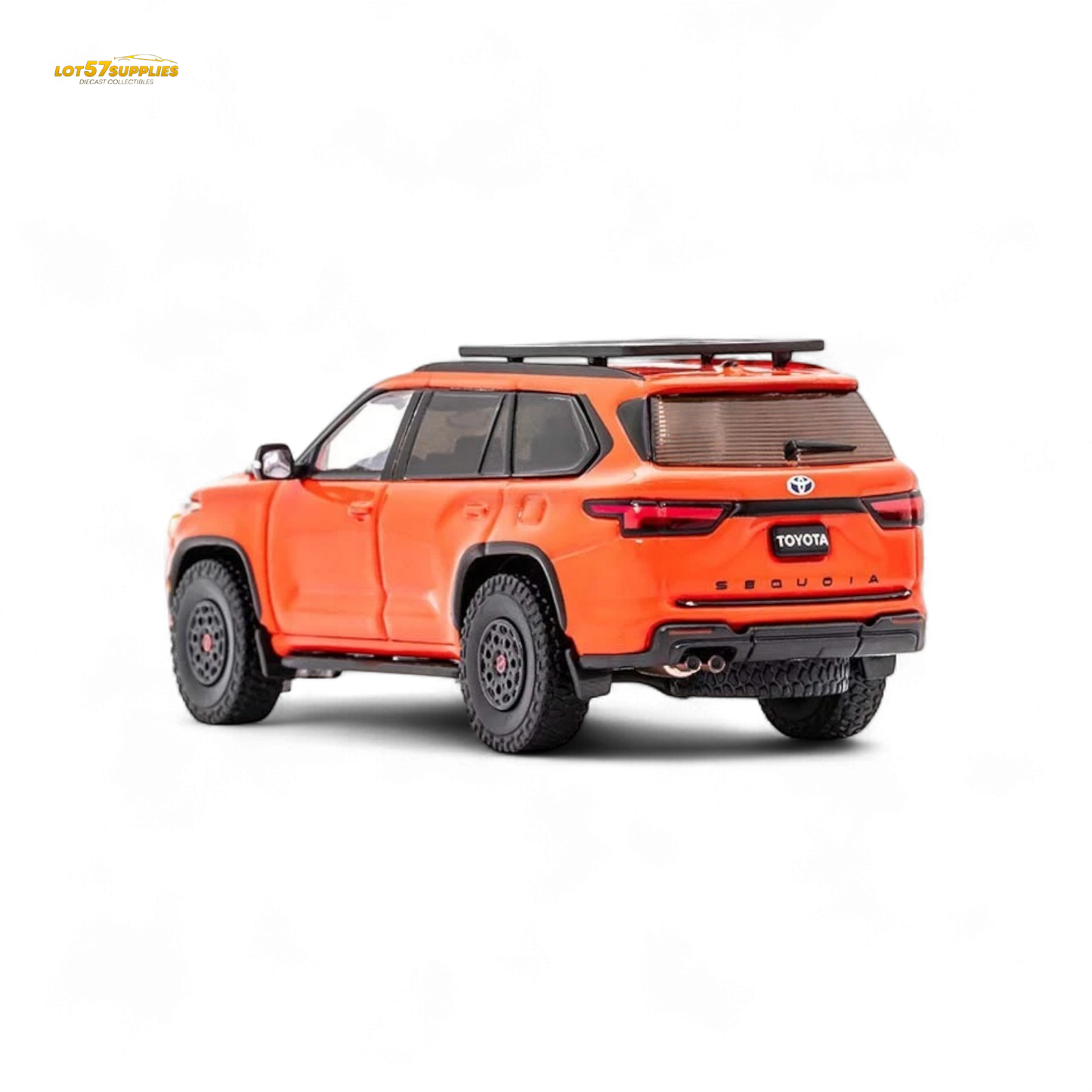 Orange Toyota Sequoia diecast model in 1:64 scale by Lot57Supplies Diecast Shop, detailed miniature vehicle for collectors.