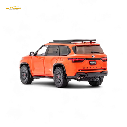 Orange Toyota Sequoia diecast model in 1:64 scale by Lot57Supplies Diecast Shop, detailed miniature vehicle for collectors.