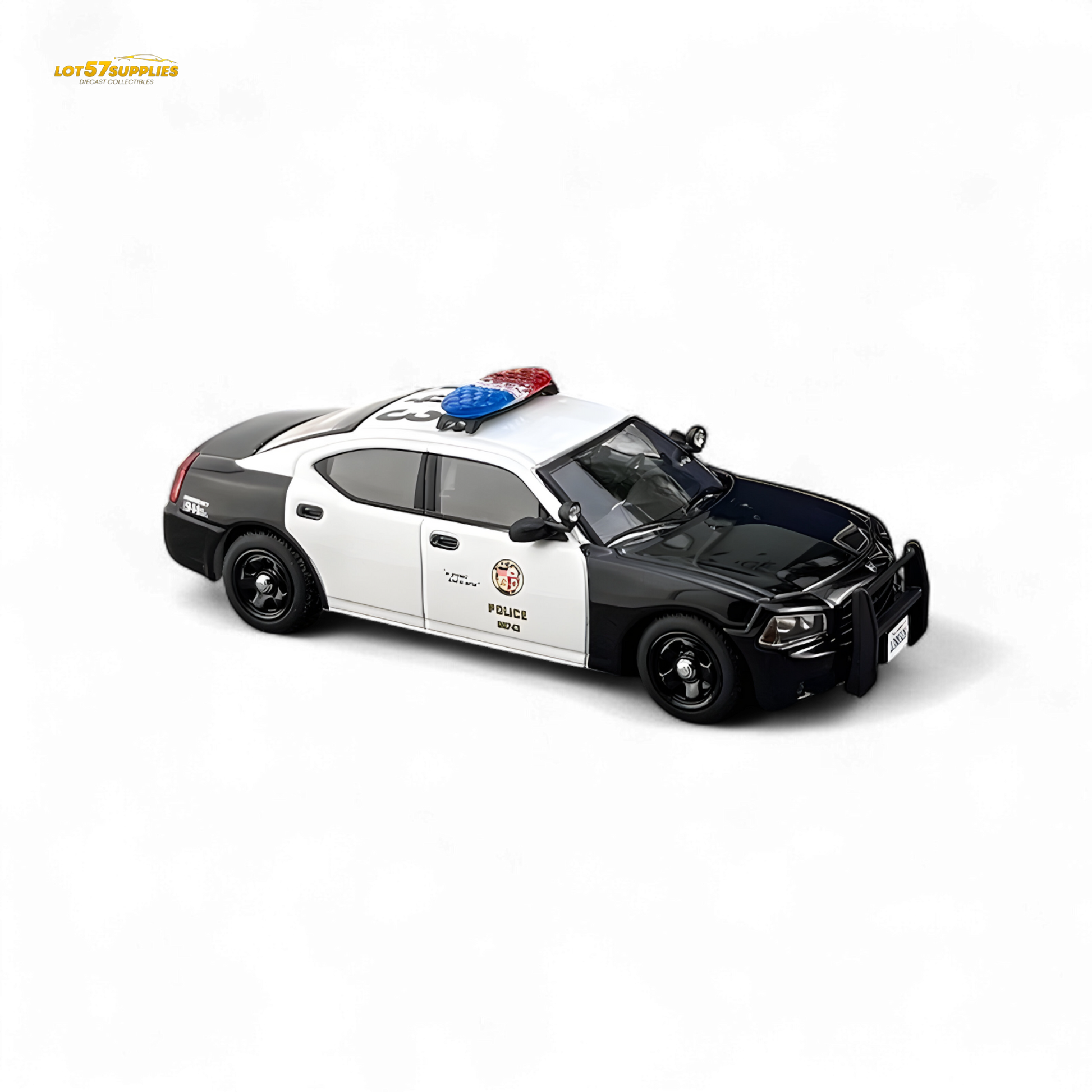 Dodge Charger 2006 LAPD police car diecast model in white with black and blue decals, detailed Lot57Supplies Diecast Shop replica