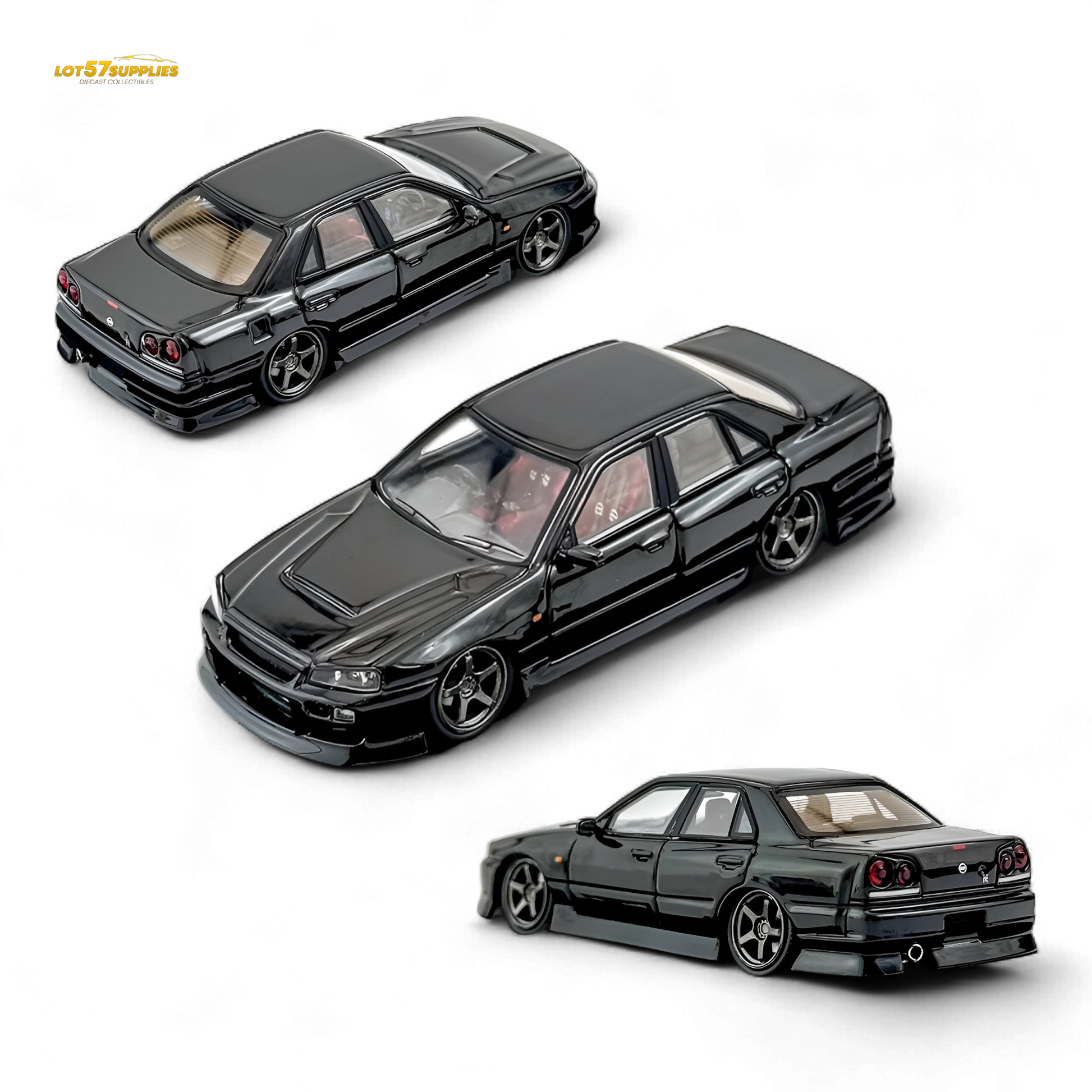 Metallic black Nissan Skyline ER34 Uras diecast model in 1:64 scale, detailed miniature car from Lot57Supplies Diecast Shop.