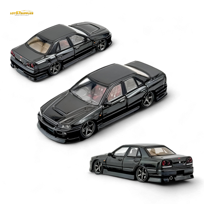 Metallic black Nissan Skyline ER34 Uras diecast model in 1:64 scale, detailed miniature car from Lot57Supplies Diecast Shop.