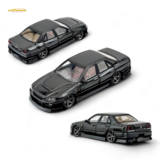 Metallic black Nissan Skyline ER34 Uras diecast model in 1:64 scale, detailed miniature car from Lot57Supplies Diecast Shop.