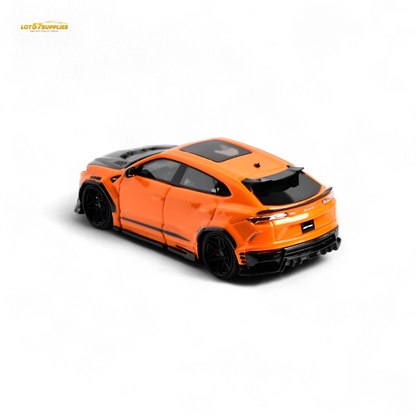 Metallic orange Lamborghini Urus LBWK diecast car in 1:64 scale, detailed model with realistic features and branding.