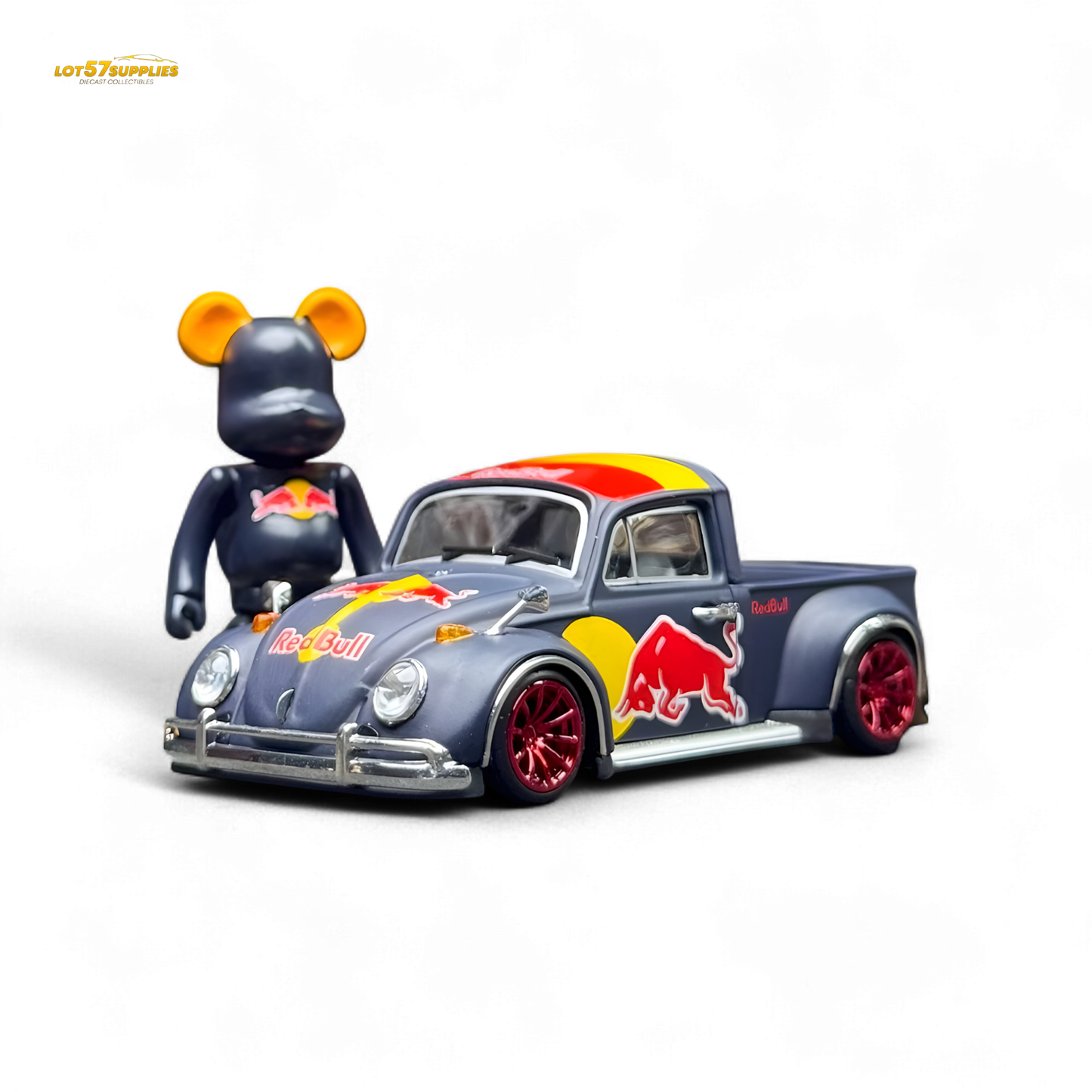 Red Liberty 64 VW Beetle Pickup diecast model by Lot57Supplies, featuring a vibrant red and Bull design.