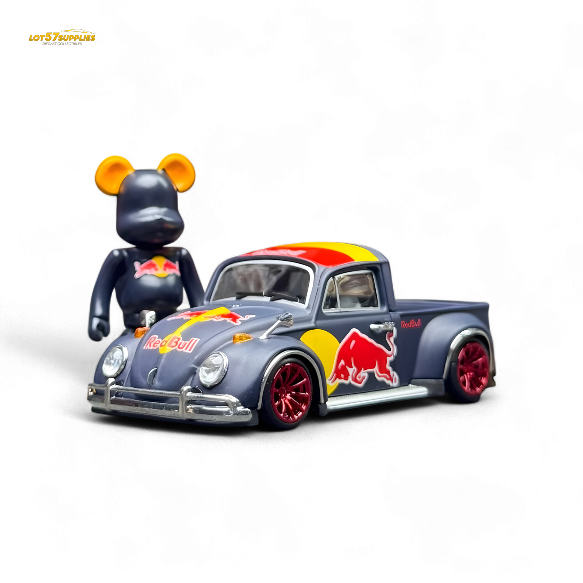 Red Liberty 64 VW Beetle Pickup diecast model by Lot57Supplies, featuring a vibrant red and Bull design.
