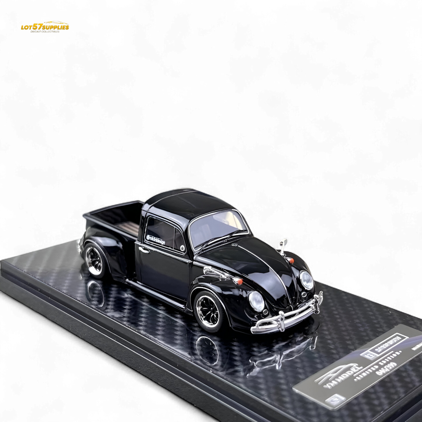 Black YM Model Volkswagen Beetle pickup truck diecast toy, 1:64 scale, detailed miniature vehicle from Lot57Supplies Diecast Shop.